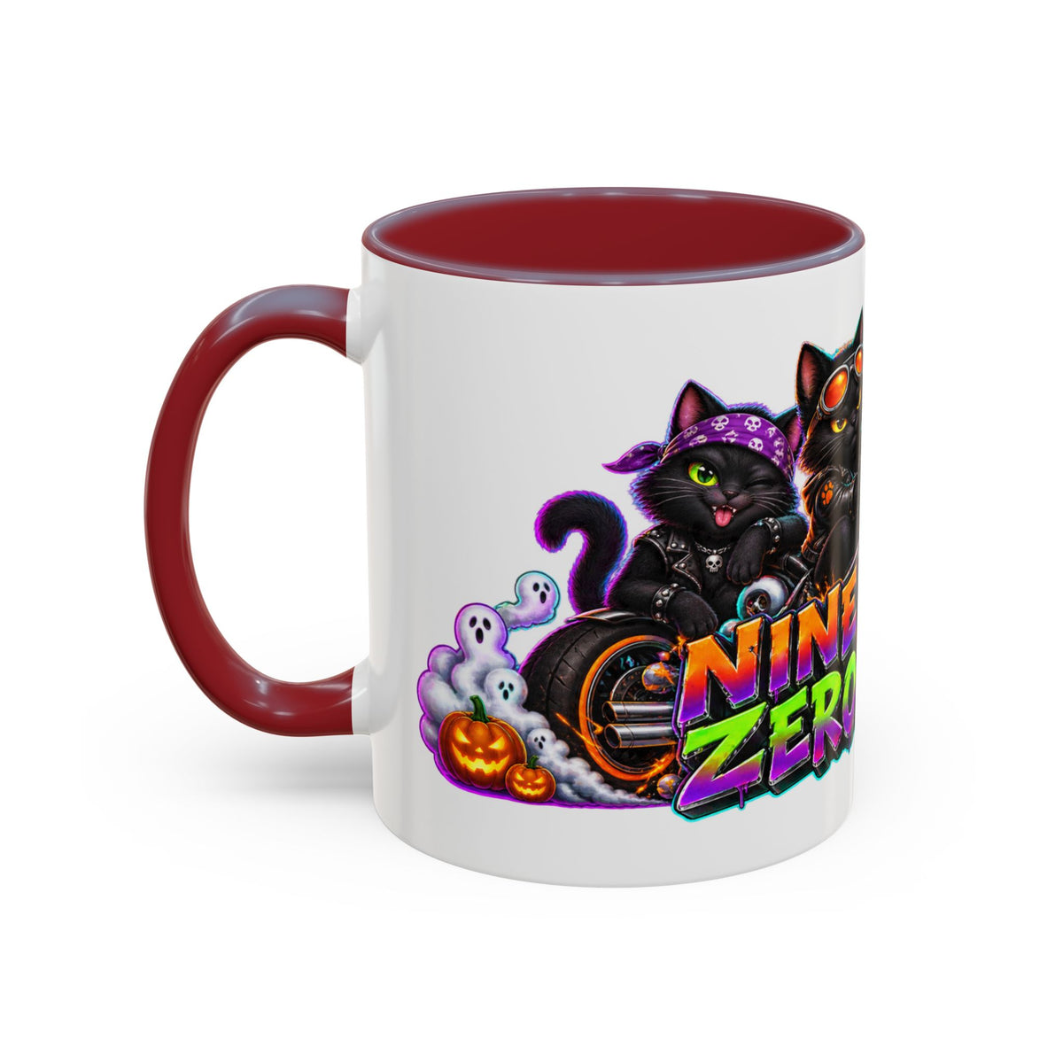 Nine Lives Zero Rules Biker Cats Halloween White Mug