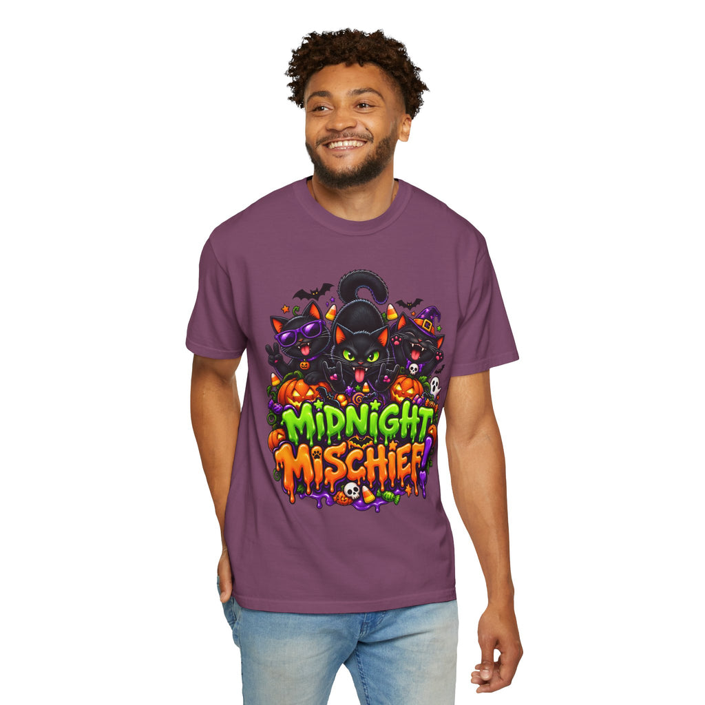 Midnight Mischief Halloween T-Shirt – Funny Black Cat Graphic Tee