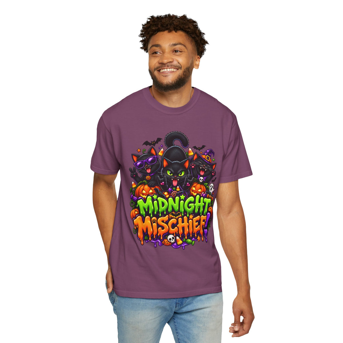 Midnight Mischief Halloween T-Shirt – Funny Black Cat Graphic Tee
