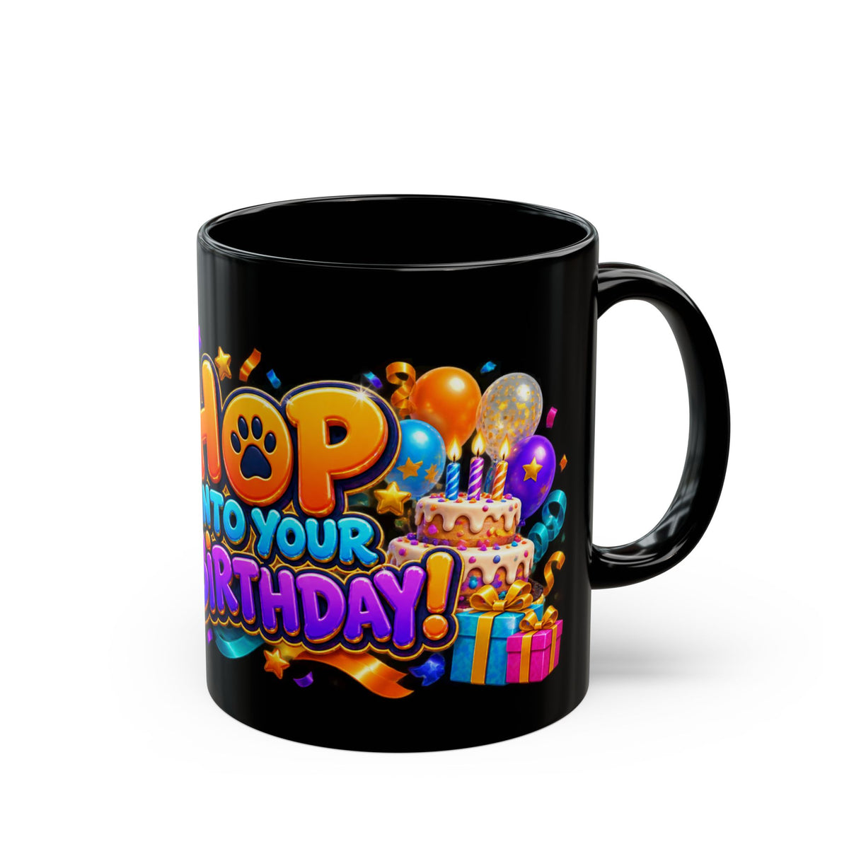 Hop Into Your Birthday Black Mug – Cute Kangaroo Birthday Cup, Colorful Party Gift