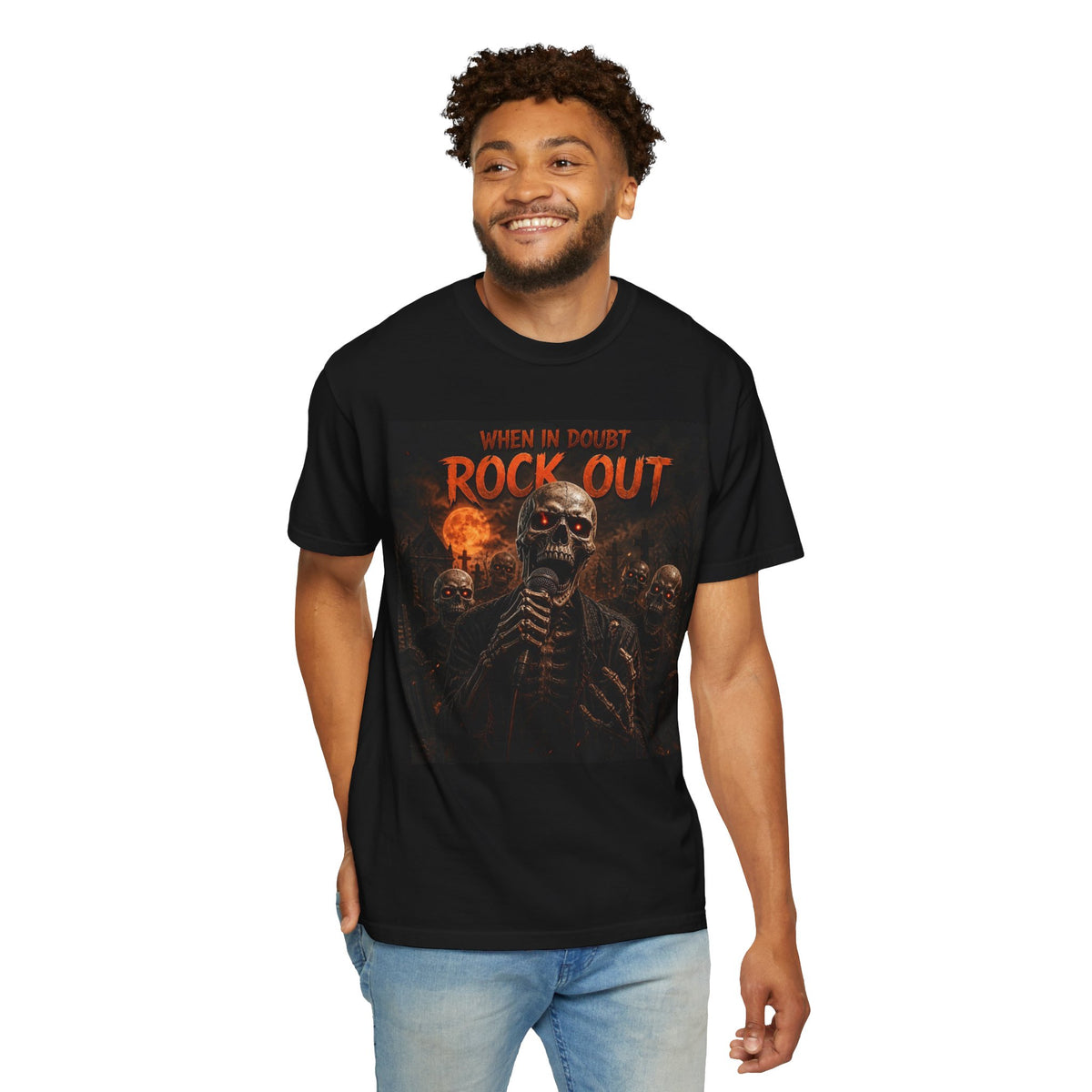 Rock Out Skeleton Halloween  Band T-Shirt — "When in Doubt Rock Out" Graphic Tee
