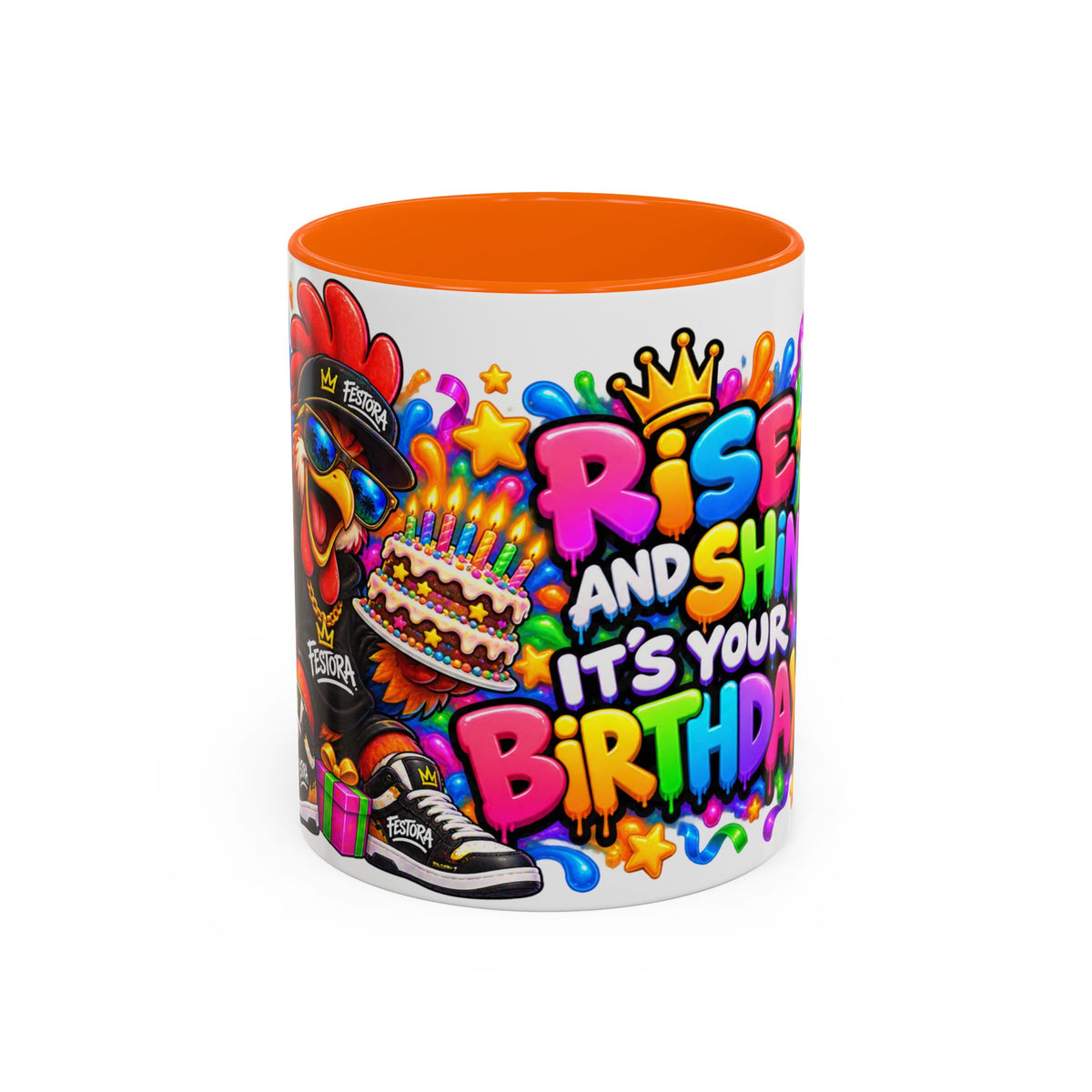 RISE AND SHINE… IT’S YOUR BIRTHDAY! White Ceramic Mug – Funny Rooster Birthday Coffee Cup – Colorful Party Gift – Original FestoraShop Design