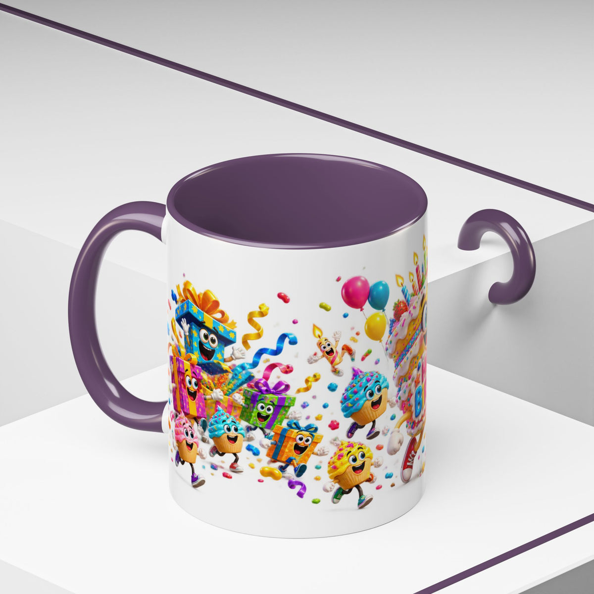 Birthday Party Coffee Mug – Colorful Happy Birthday Cake & Balloon Design (11/15oz Accent Mug)