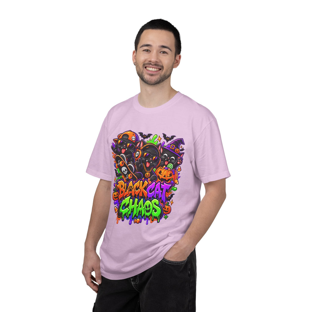 Neon Black Cat Halloween Chaos T-Shirt | Cute Spooky Cat Graphic Tee