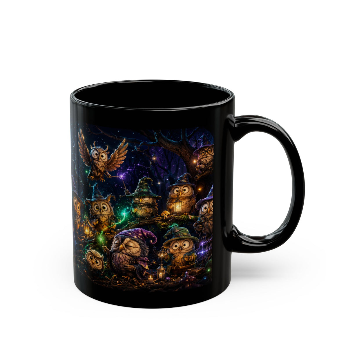 Halloween Owl Magic Black Mug — Witchy Owls Night Sky Coffee Cup (11oz/15oz)