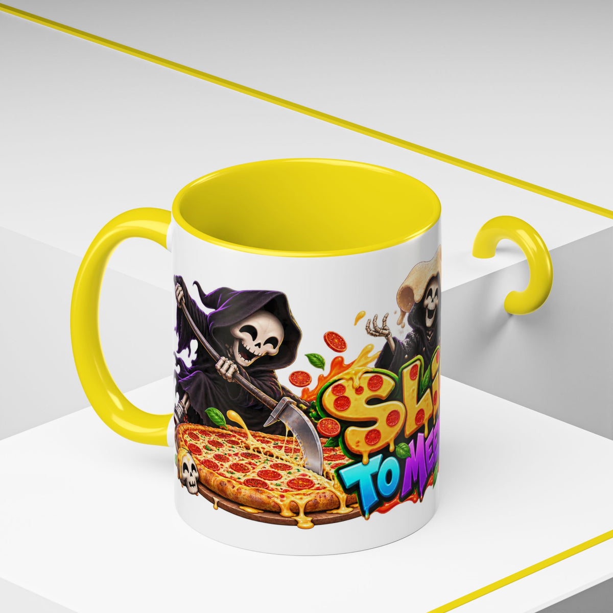 Slice to Meet You Funny Grim Reaper Pizza Halloween White Mug