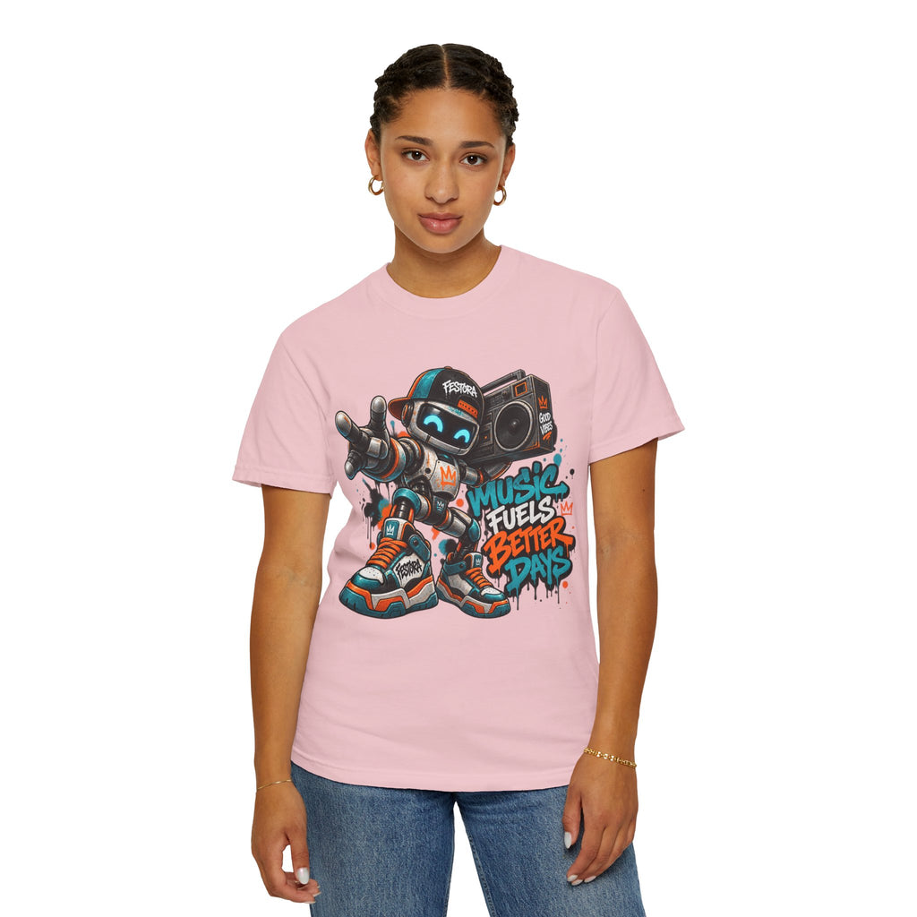 Music Fuels Better Days T-Shirt — Retro Robot Boombox Streetwear