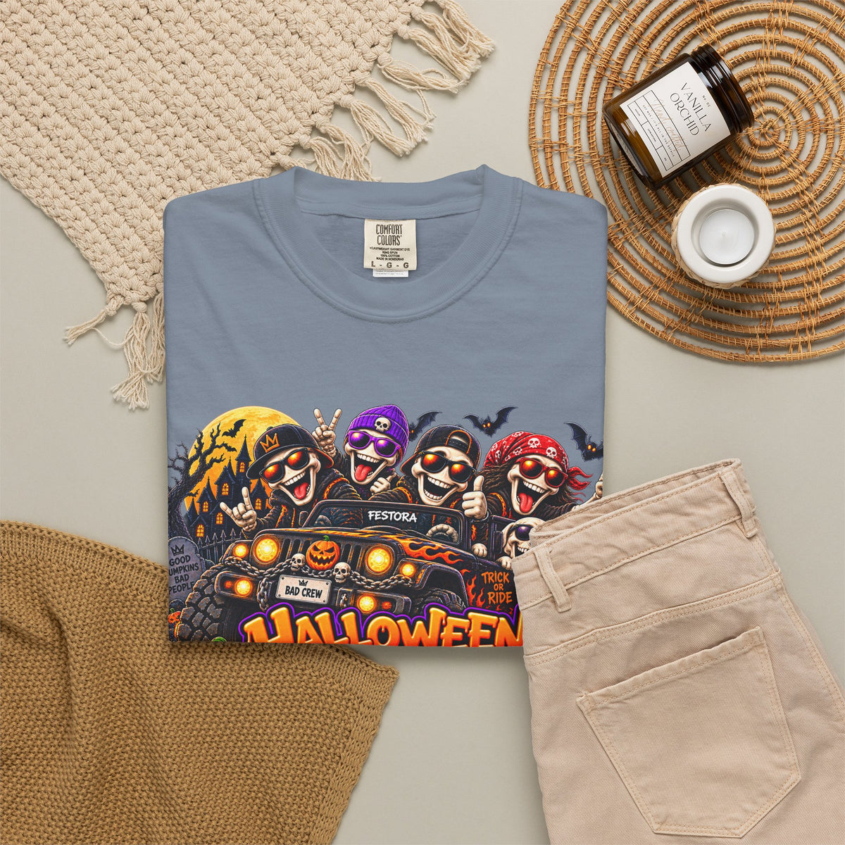 Halloween Crew T-Shirt – Skeleton Jeep Spooky Graphic Tee