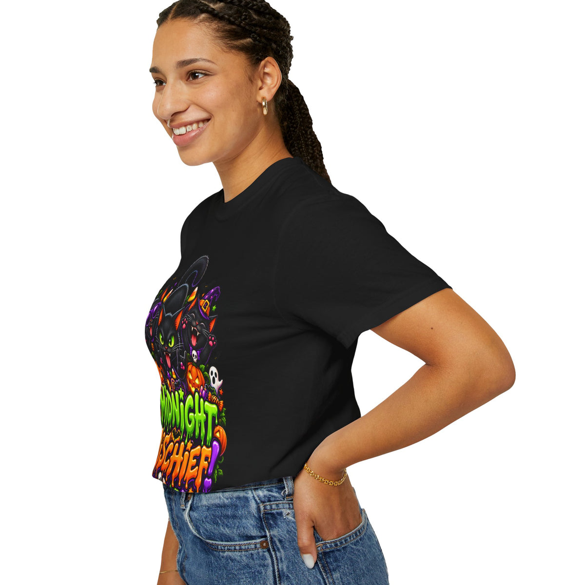 Midnight Mischief Halloween T-Shirt – Funny Black Cat Graphic Tee