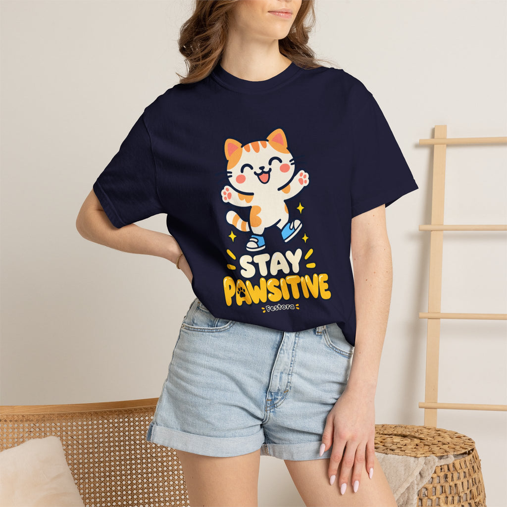 Stay Pawsitive – Cute Happy Cat Graphic T-Shirt