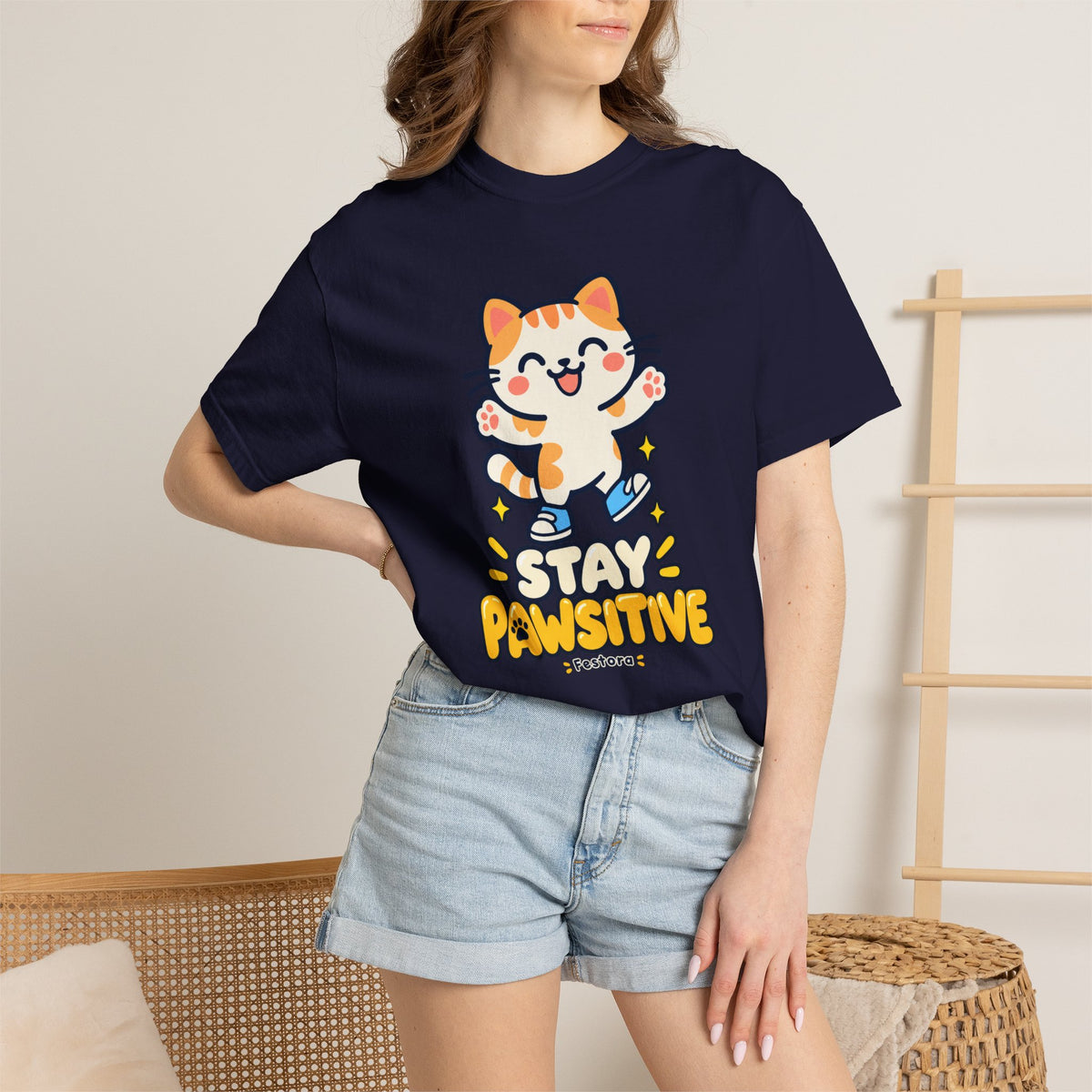 Stay Pawsitive – Cute Happy Cat Graphic T-Shirt