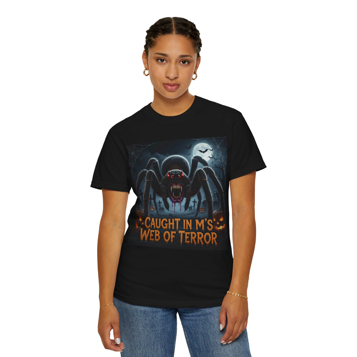 Spider Halloween T-Shirt — "Caught in M's Web of Terror" Horror Graphic Tee