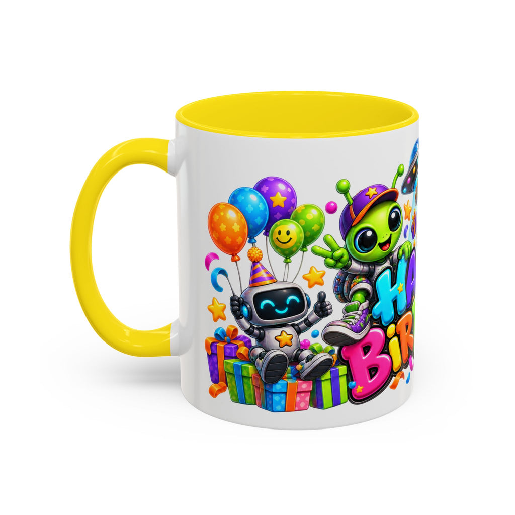 Happy Birthday Space Party Mug – Cute Aliens, Robots, UFO & Colorful 3D Birthday Design