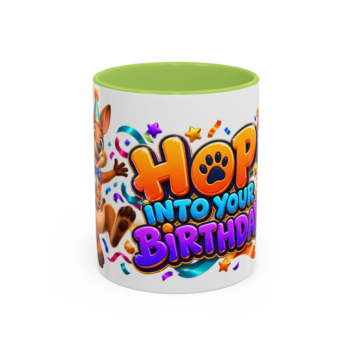 Hop Into Your Birthday White Mug – Cute Kangaroo Birthday Cup, Colorful Fun Party Gift