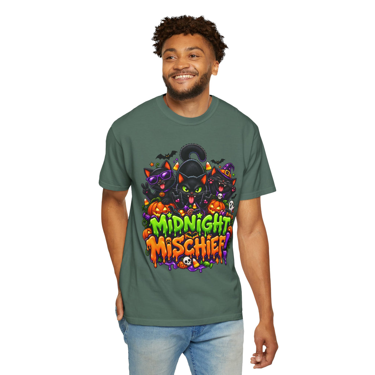 Midnight Mischief Halloween T-Shirt – Funny Black Cat Graphic Tee