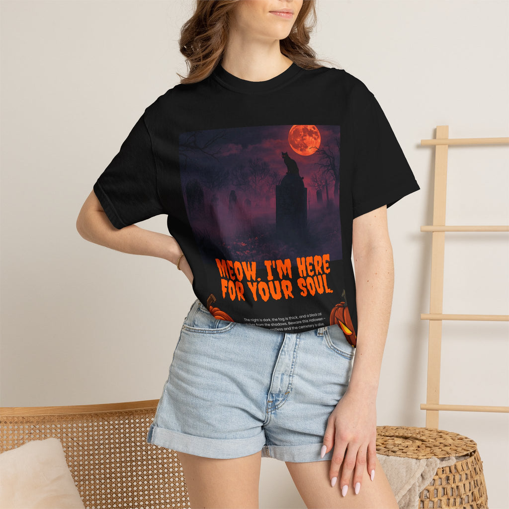 Halloween Cat Reaper T-Shirt — "Meow, I'm Here For Your Soul" Graphic Tee