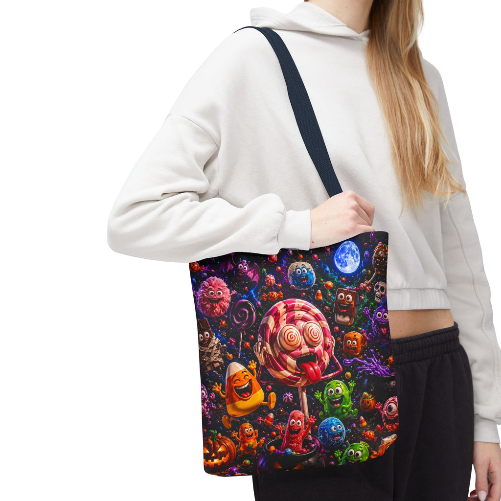 Crazy Halloween Candy Monsters Tote Bag — Colorful 3D Lolipop & Treats Design
