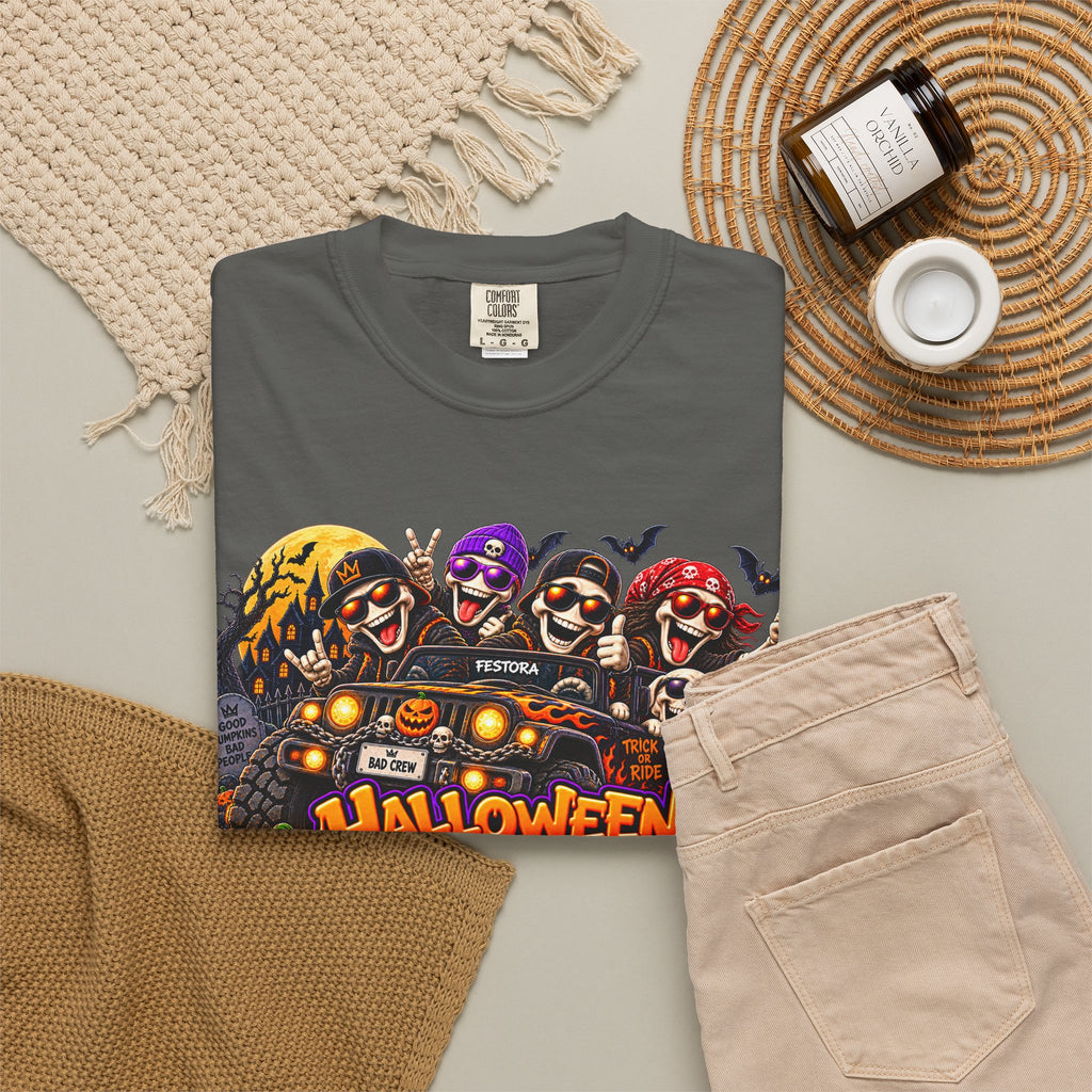 Halloween Crew T-Shirt – Skeleton Jeep Spooky Graphic Tee