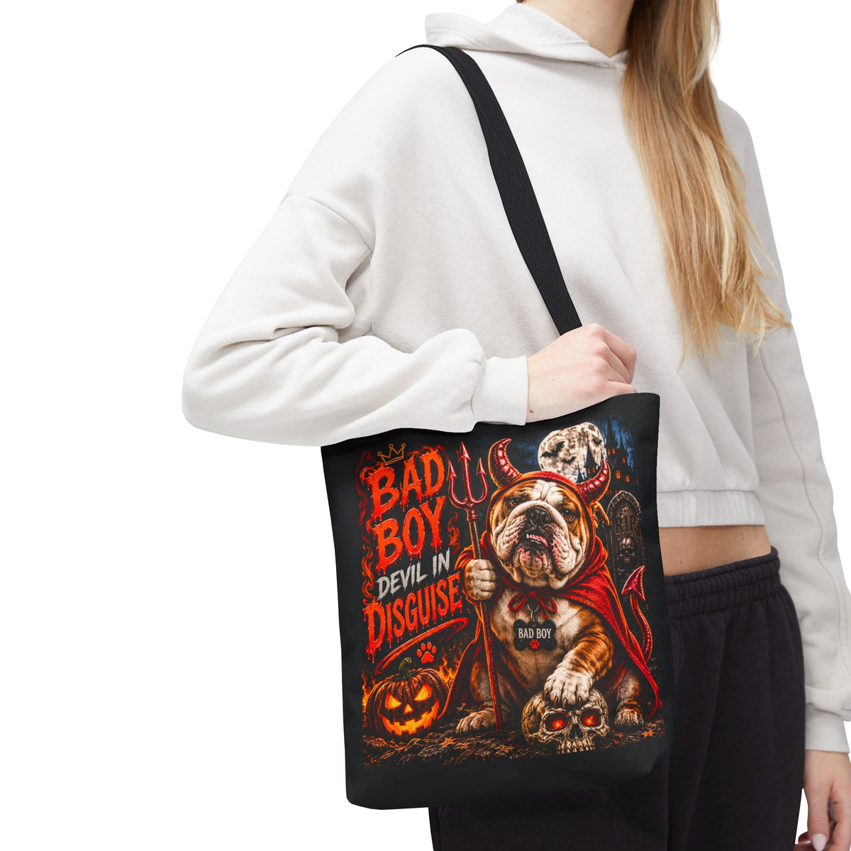 Halloween Bulldog Tote Bag – "Bad Boy Devil in Disguise" Gothic Pumpkin Skull Design