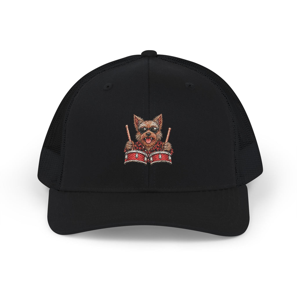 Drummer Dog Snapback Trucker Cap — Cute Yorkie Playing Drums Embroidered Hat