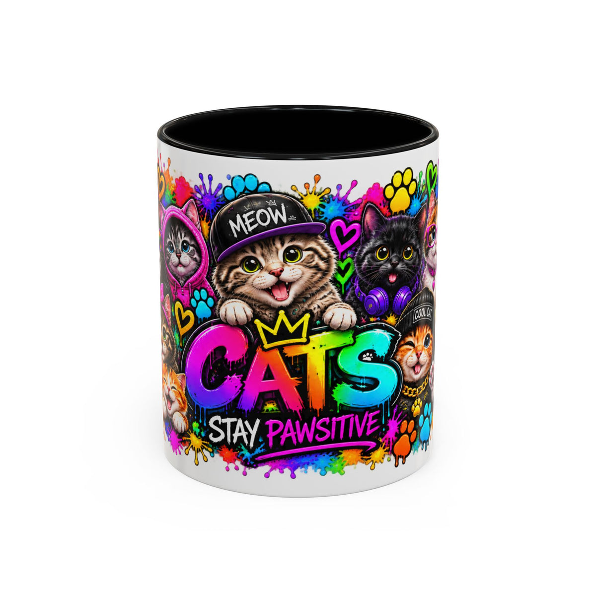 Cats Stay Pawsitive Accent Coffee Mug – Colorful Cute Cat Paw Print Design (11oz)