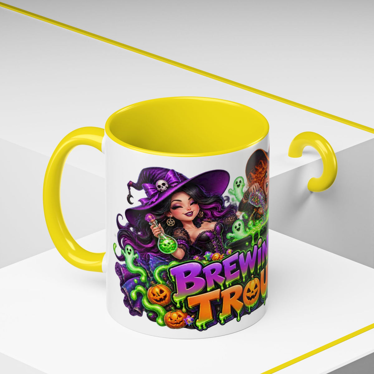 Brewing Up Trouble Witches Halloween White Mug