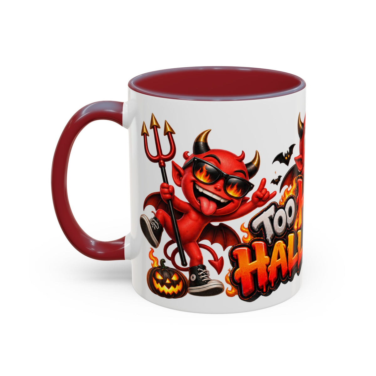 Too Hot for Halloween White Mug – Funny Devils, Flames & Spooky Design