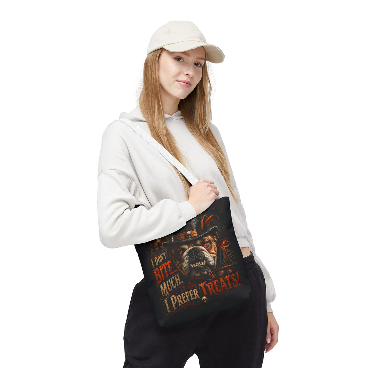 Halloween Bulldog Tote Bag — "I Don't Bite Much, I Prefer Treats" Candy‑Lovers Reusable Bag