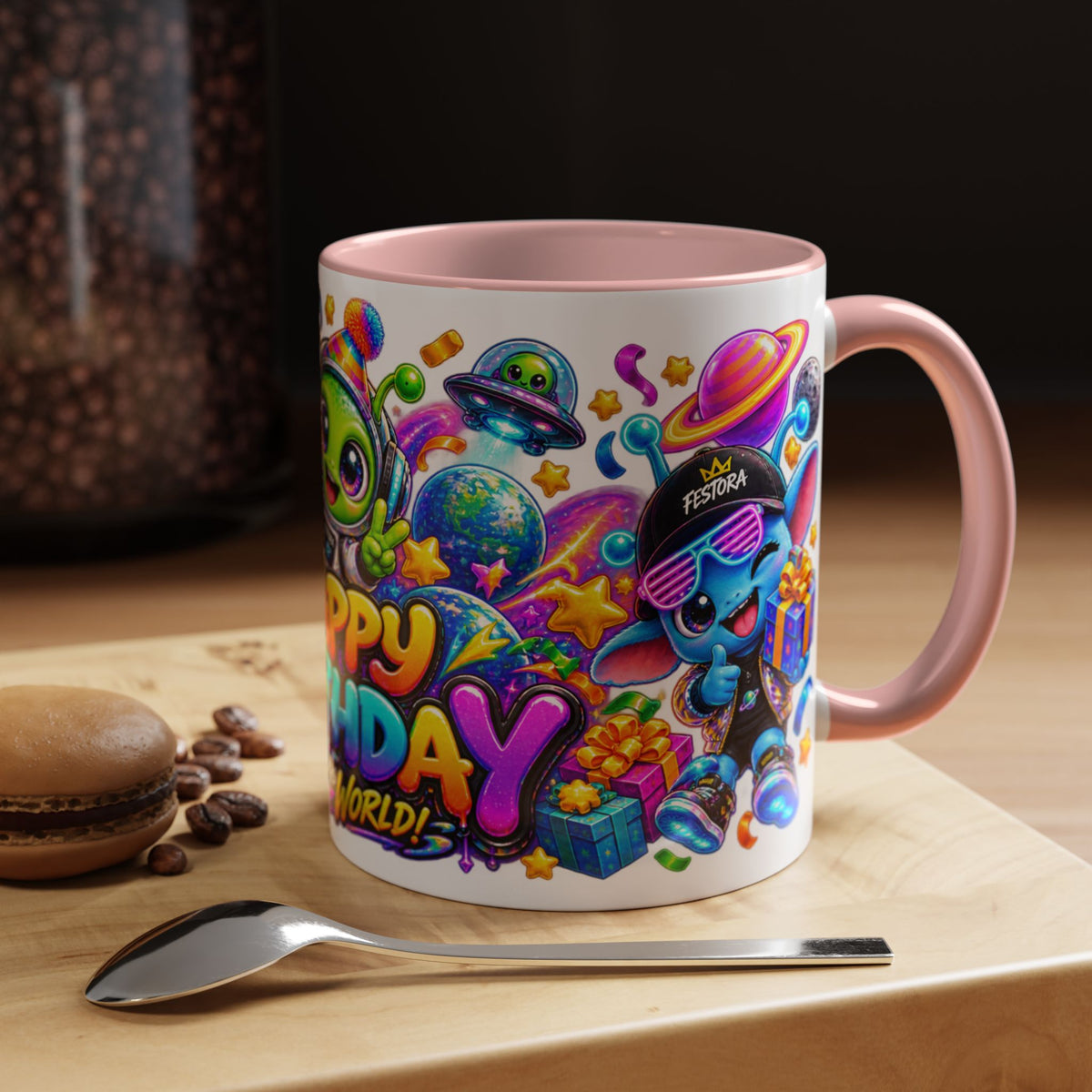 Happy Birthday Out of This World Accent Mug — Cute Alien Space Birthday Coffee Cup (11oz)