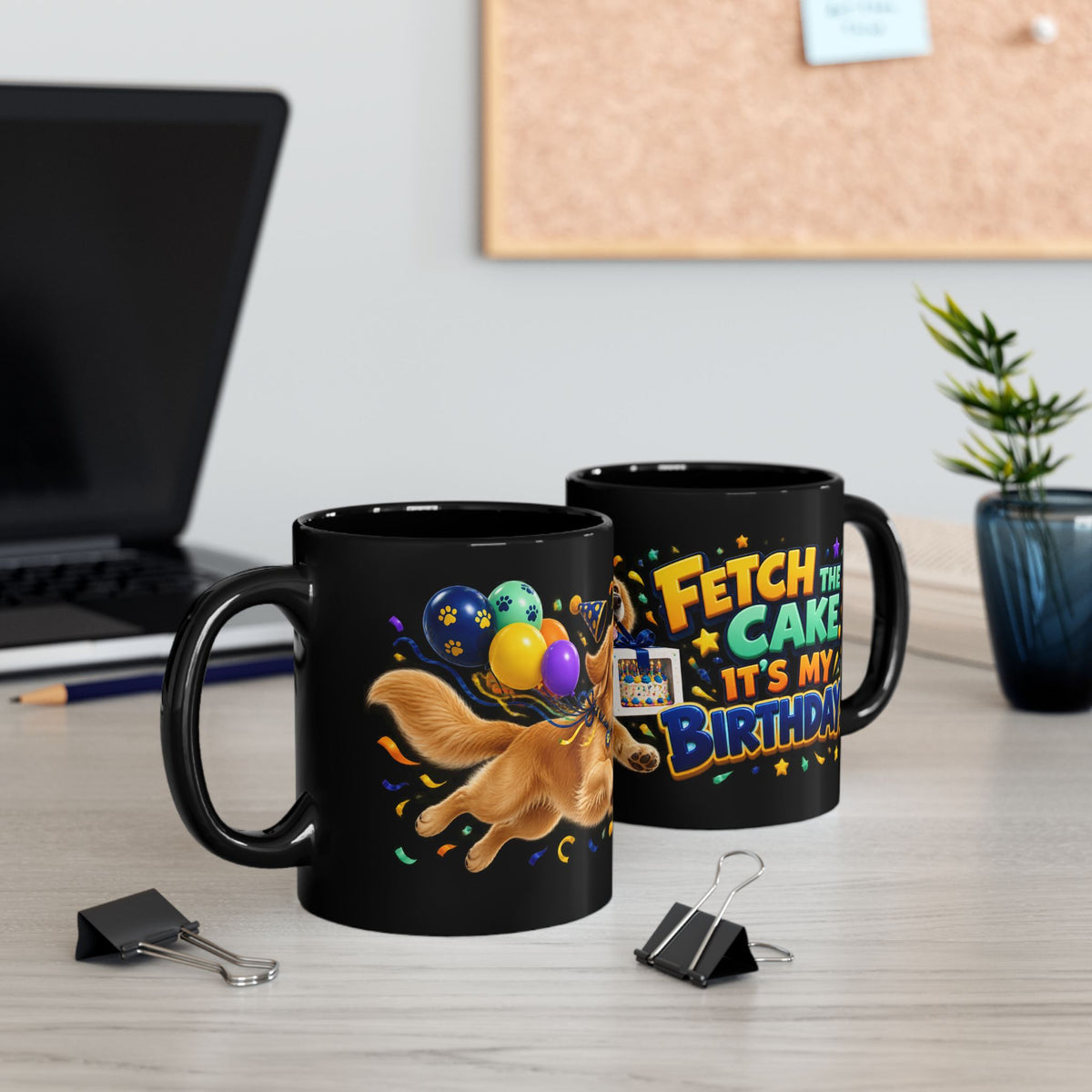 Fetch the Cake Golden Retriever Birthday Black Mug