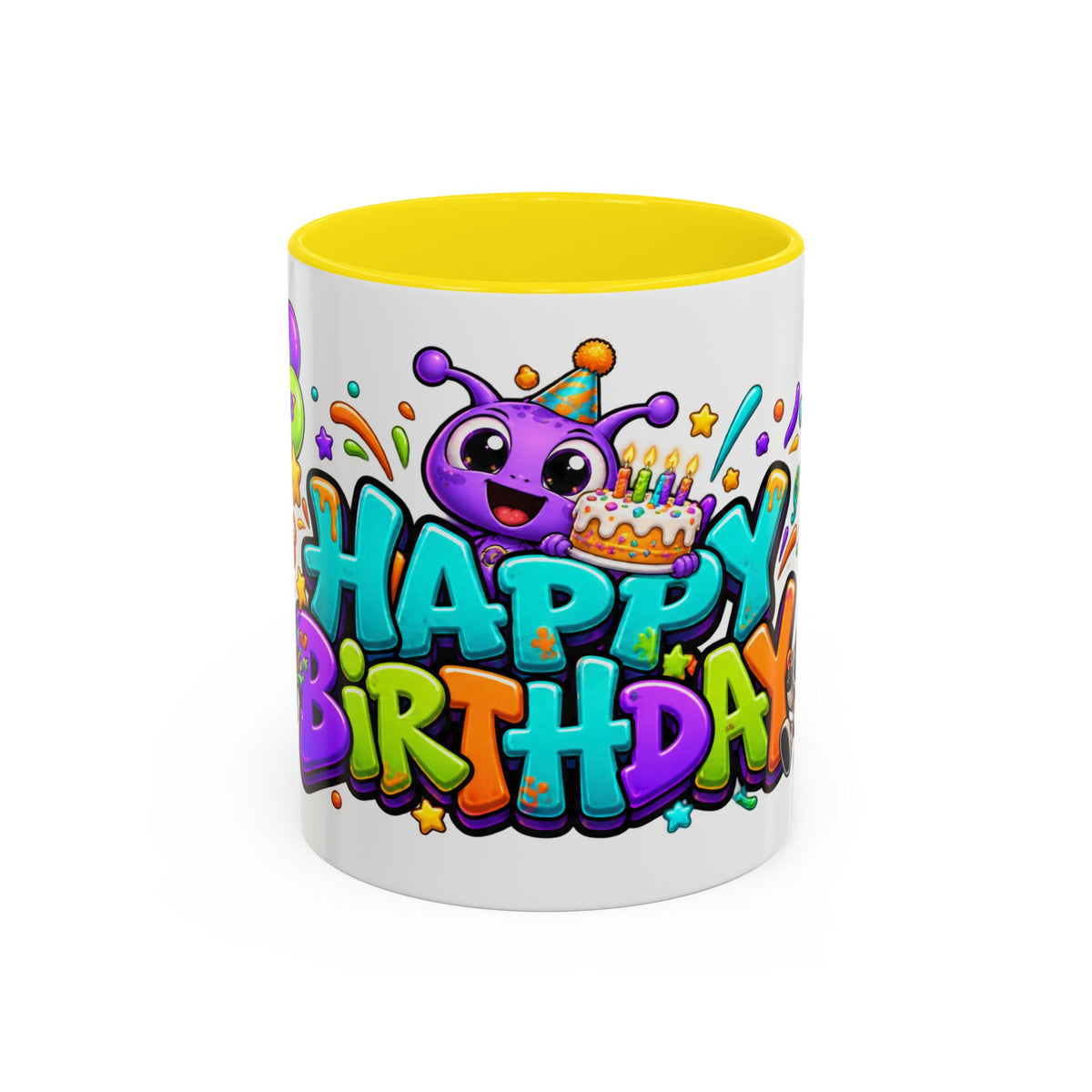 Happy Birthday Alien Mug – Colorful Space Party Cup with Cute Aliens & Robots