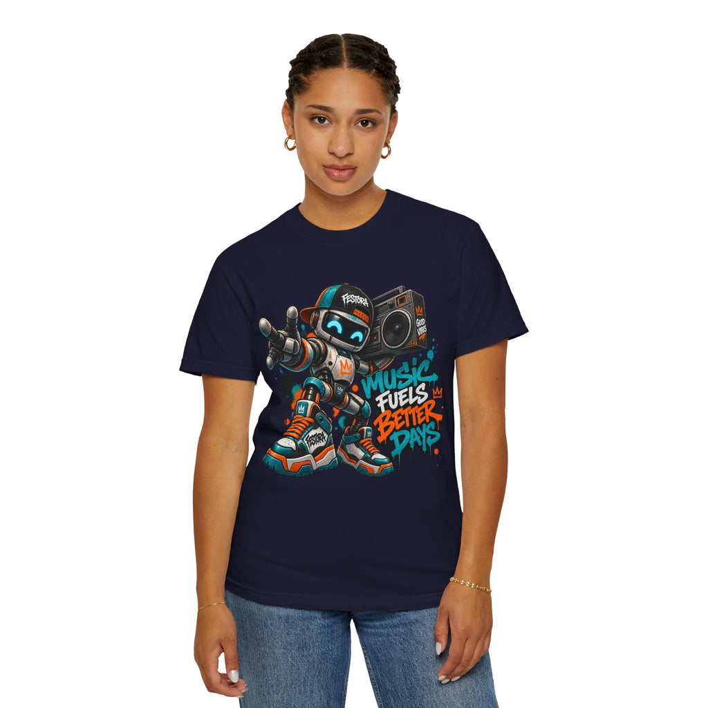 Music Fuels Better Days T-Shirt — Retro Robot Boombox Streetwear