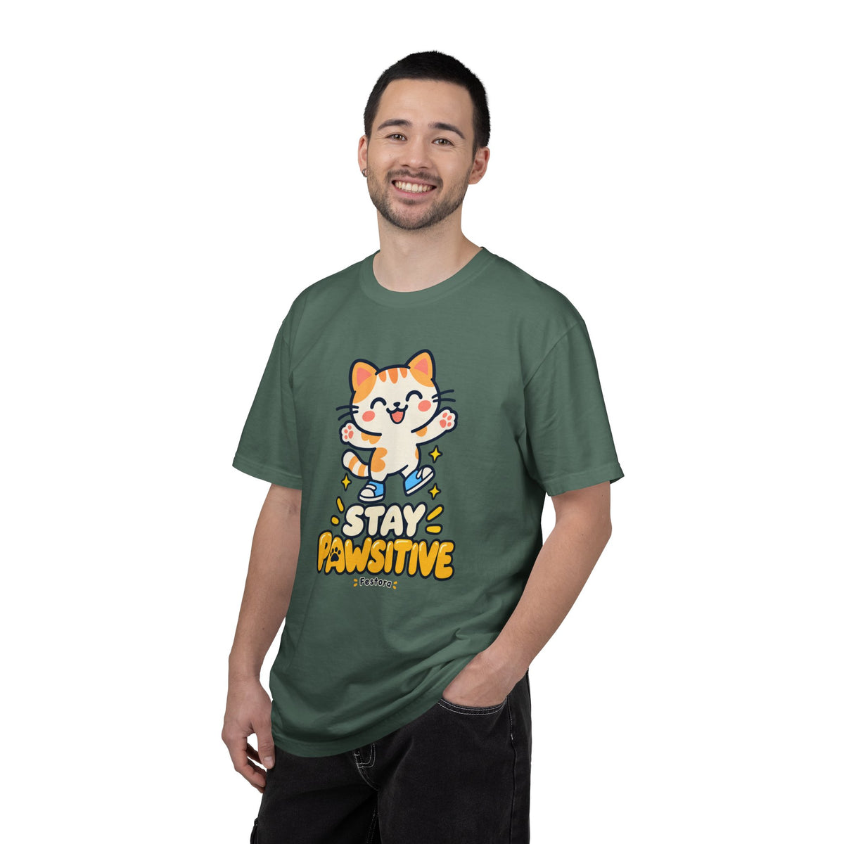 Stay Pawsitive – Cute Happy Cat Graphic T-Shirt