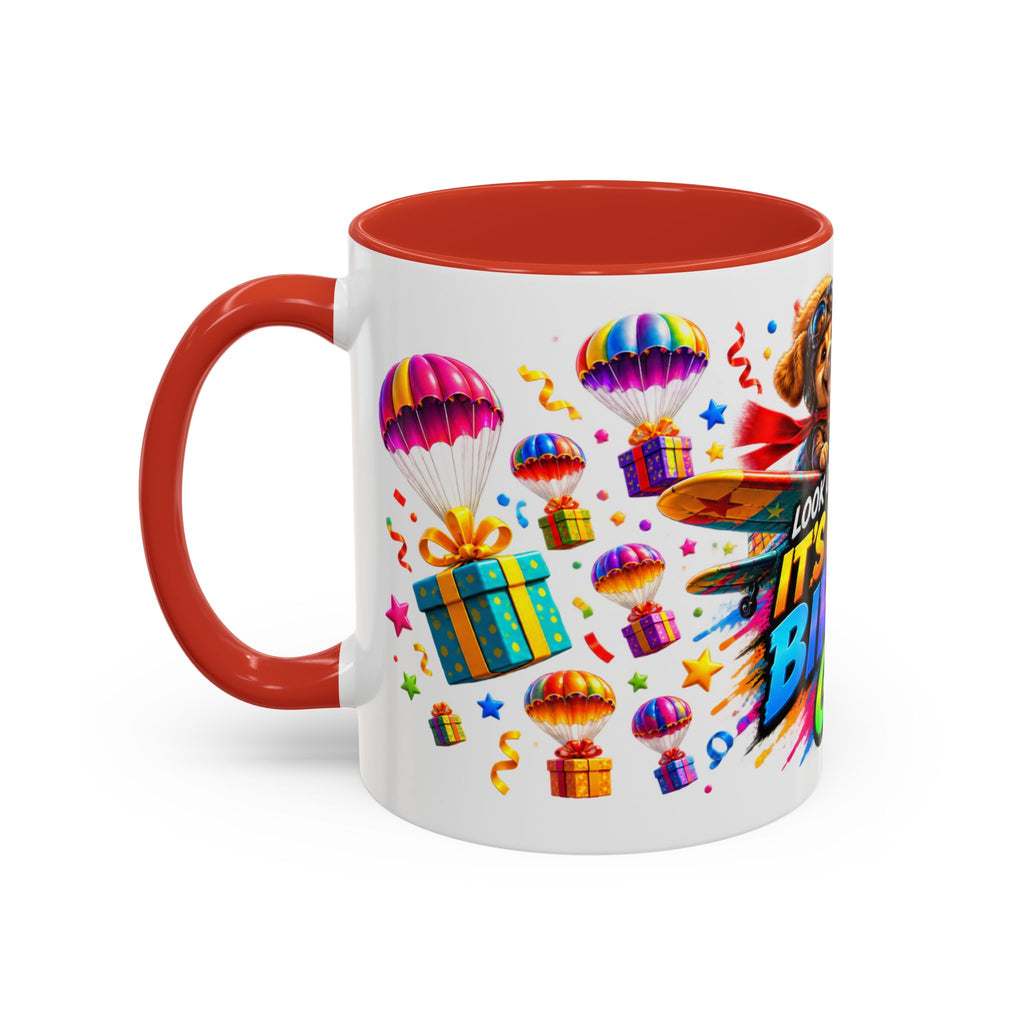 Birthday Gifts Coffee Mug — "It's Raining Birthday Gifts!" Colorful Accent Mug