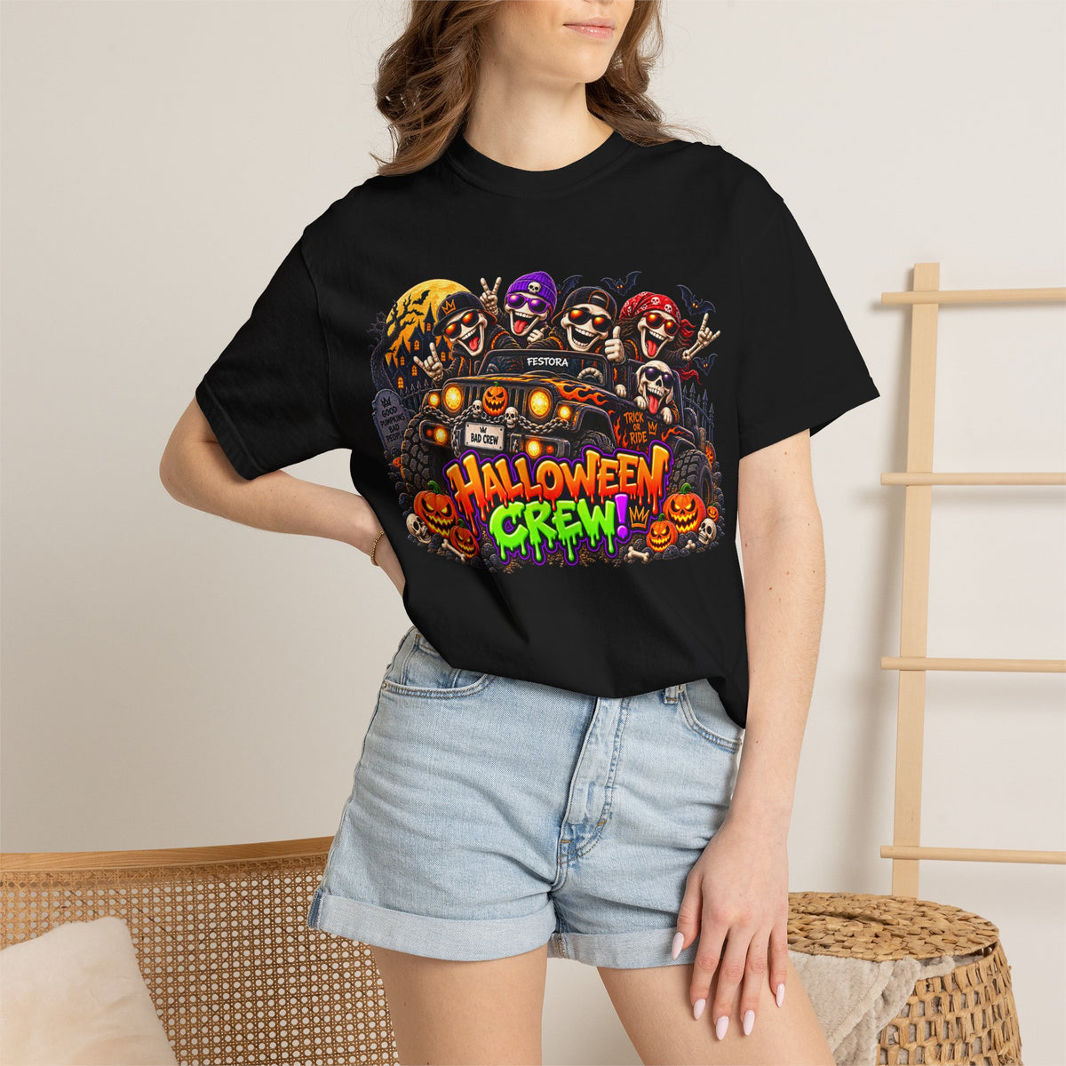 Halloween Crew T-Shirt – Skeleton Jeep Spooky Graphic Tee