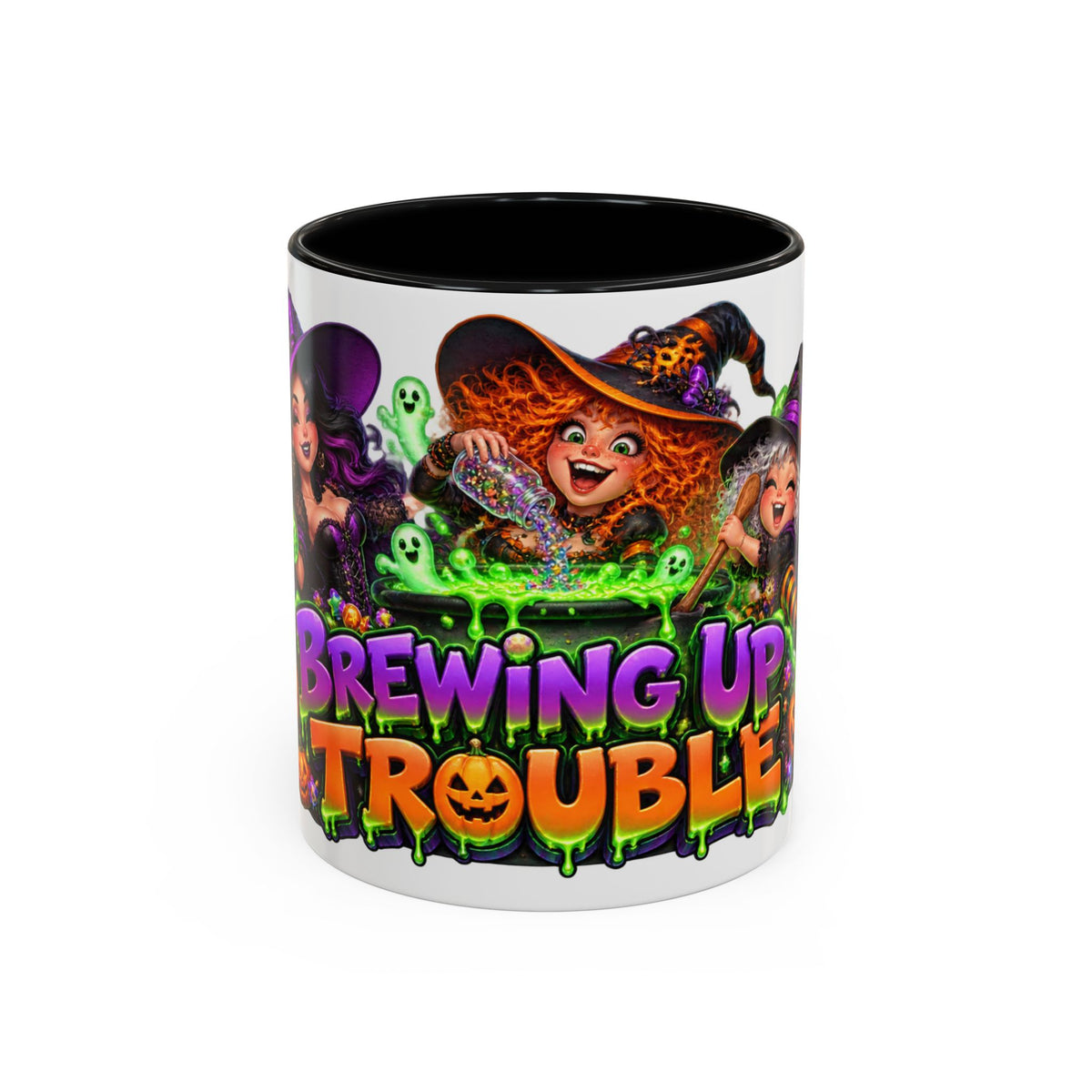 Brewing Up Trouble Witches Halloween White Mug