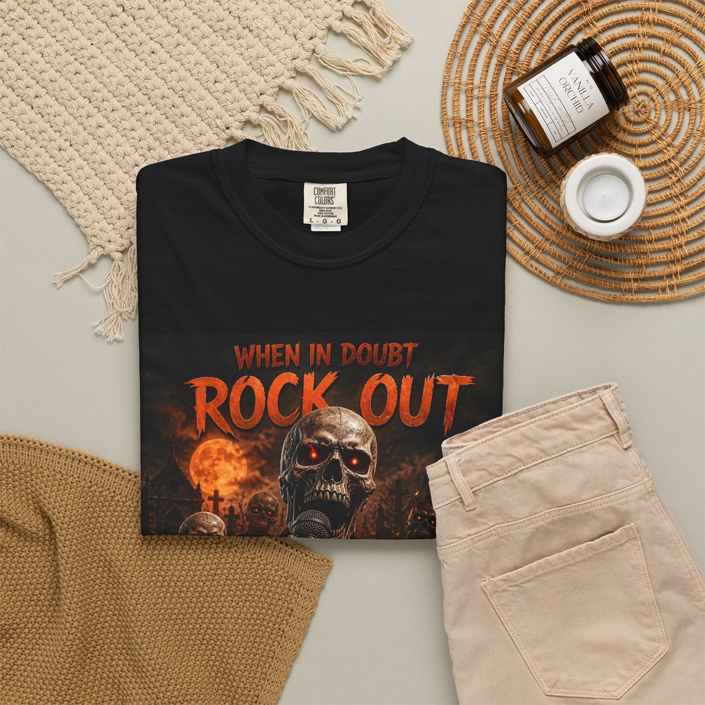 Rock Out Skeleton Halloween  Band T-Shirt — "When in Doubt Rock Out" Graphic Tee