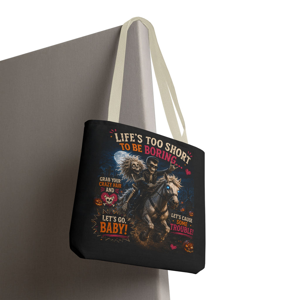 Life’s Too Short To Be Boring Tote Bag — Gothic Skeleton Rider Halloween Tote