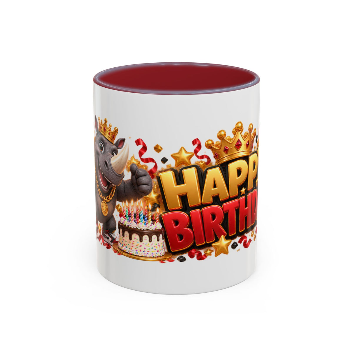 Happy Birthday Rhino Mug – Colorful 3D Birthday Gift – White Coffee Mug