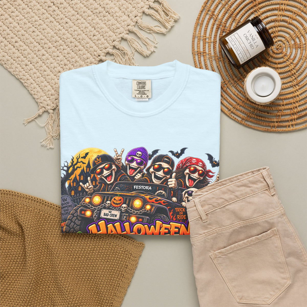 Halloween Crew T-Shirt – Skeleton Jeep Spooky Graphic Tee