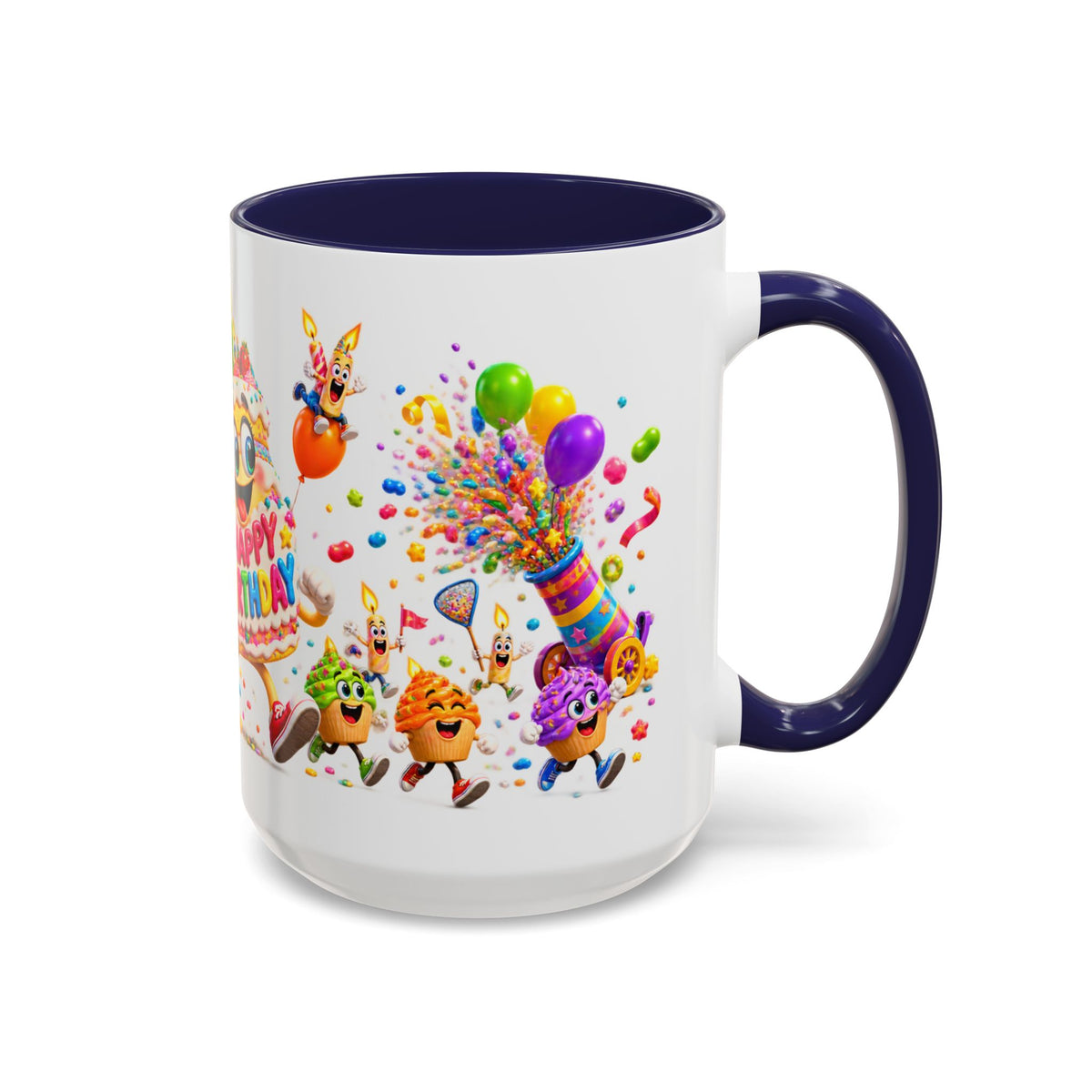 Birthday Party Coffee Mug – Colorful Happy Birthday Cake & Balloon Design (11/15oz Accent Mug)