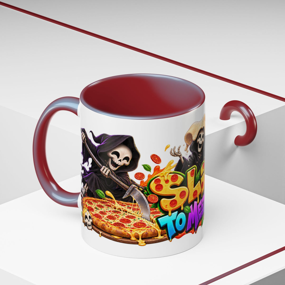 Slice to Meet You Funny Grim Reaper Pizza Halloween White Mug