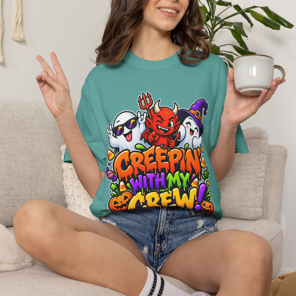 Creepin’ With My Crew Halloween T-Shirt – Colorful Funny Ghost & Devil Graphic Tee