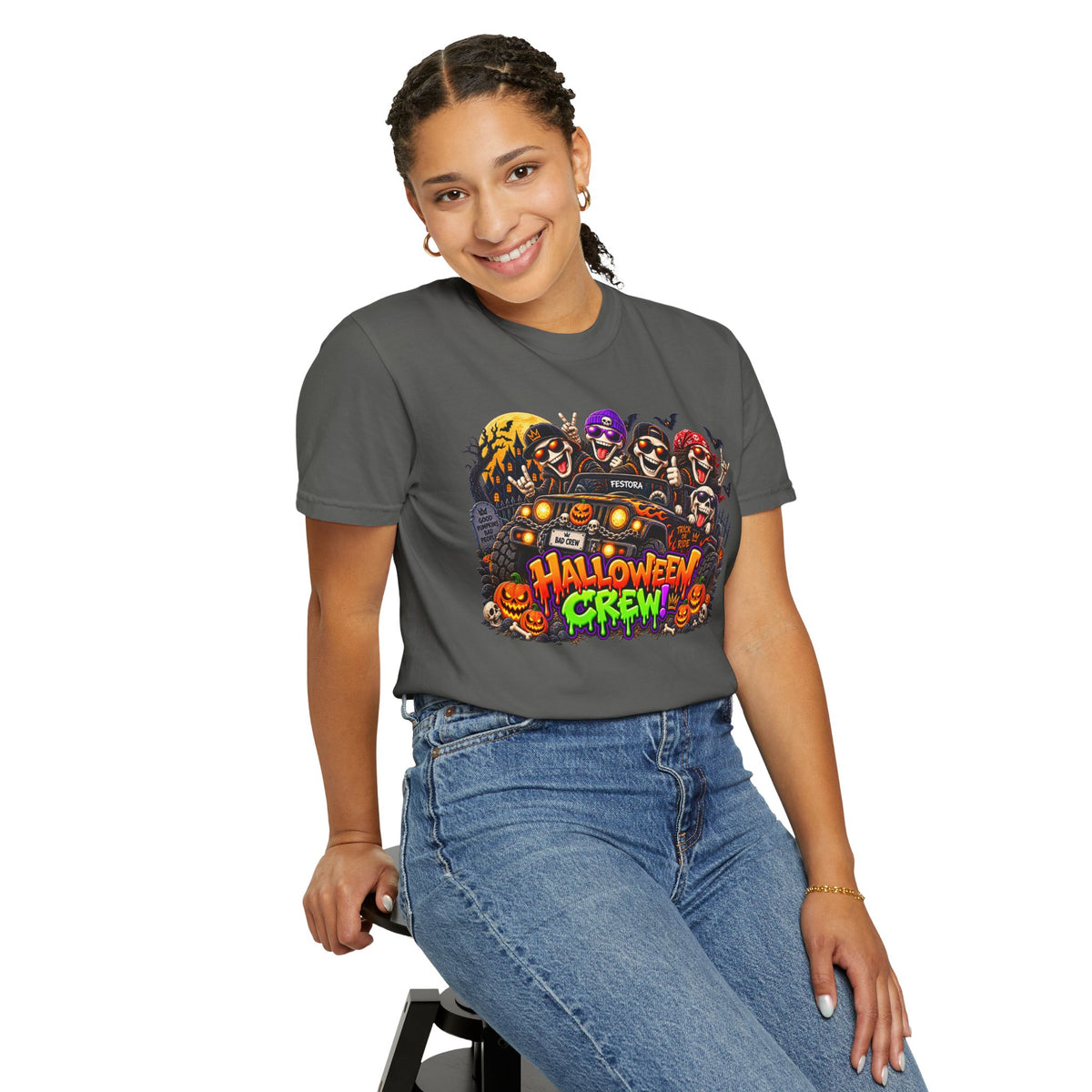 Halloween Crew T-Shirt – Skeleton Jeep Spooky Graphic Tee