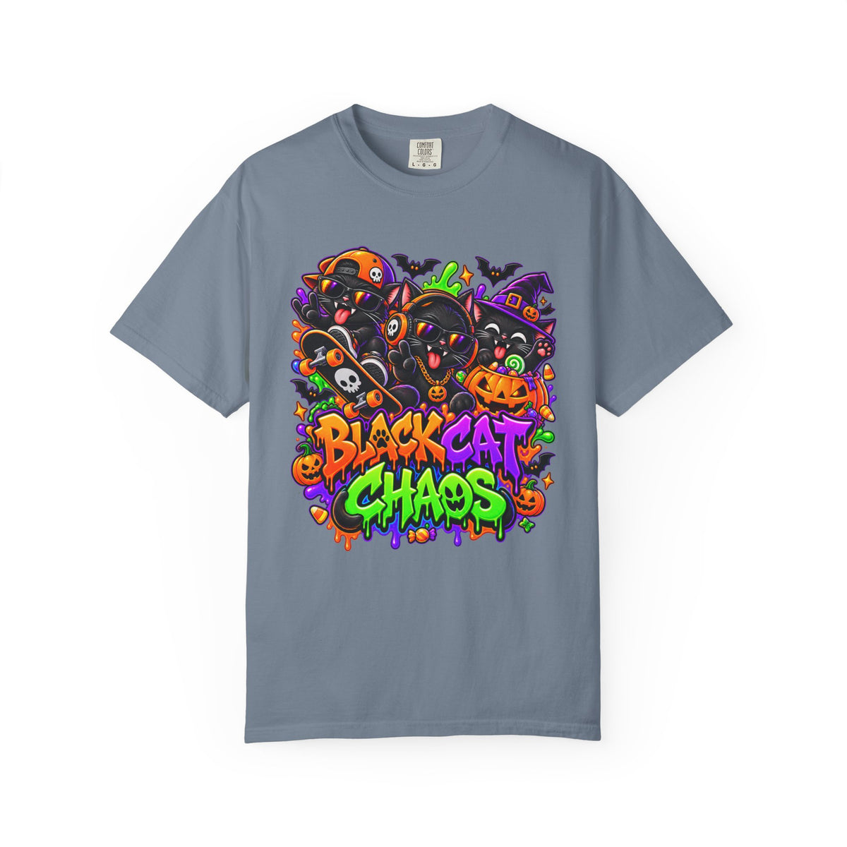 Neon Black Cat Halloween Chaos T-Shirt | Cute Spooky Cat Graphic Tee