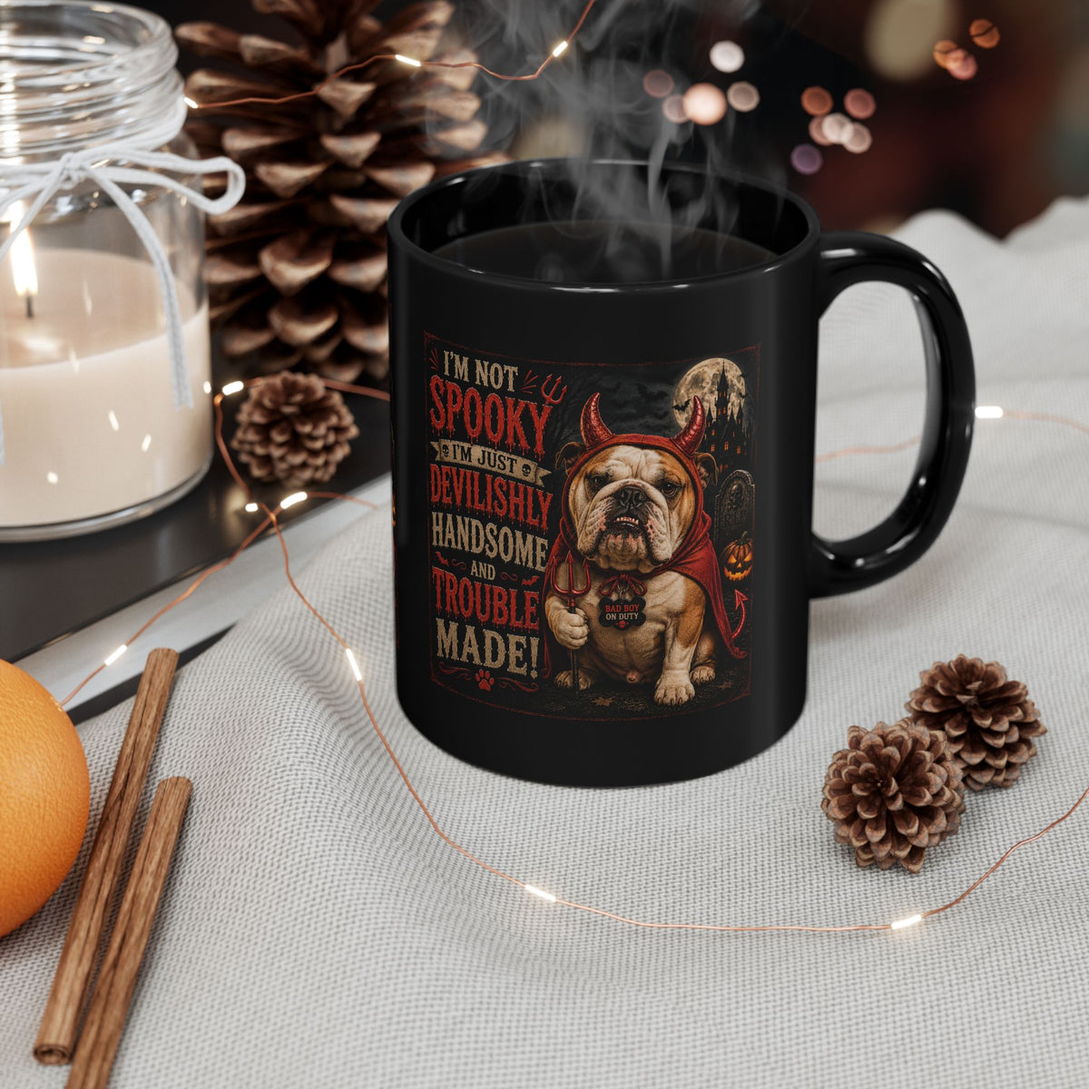 Halloween Bulldog Mug — "Not Spooky, Devilishly Handsome" Black Coffee Cup