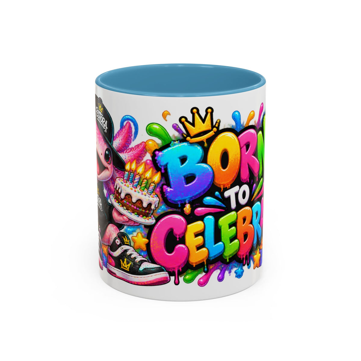 BORN TO CELEBRATE! White Ceramic Mug – Cute Axolotl Birthday Coffee Cup – Colorful Party Gift – Original FestoraShop Design