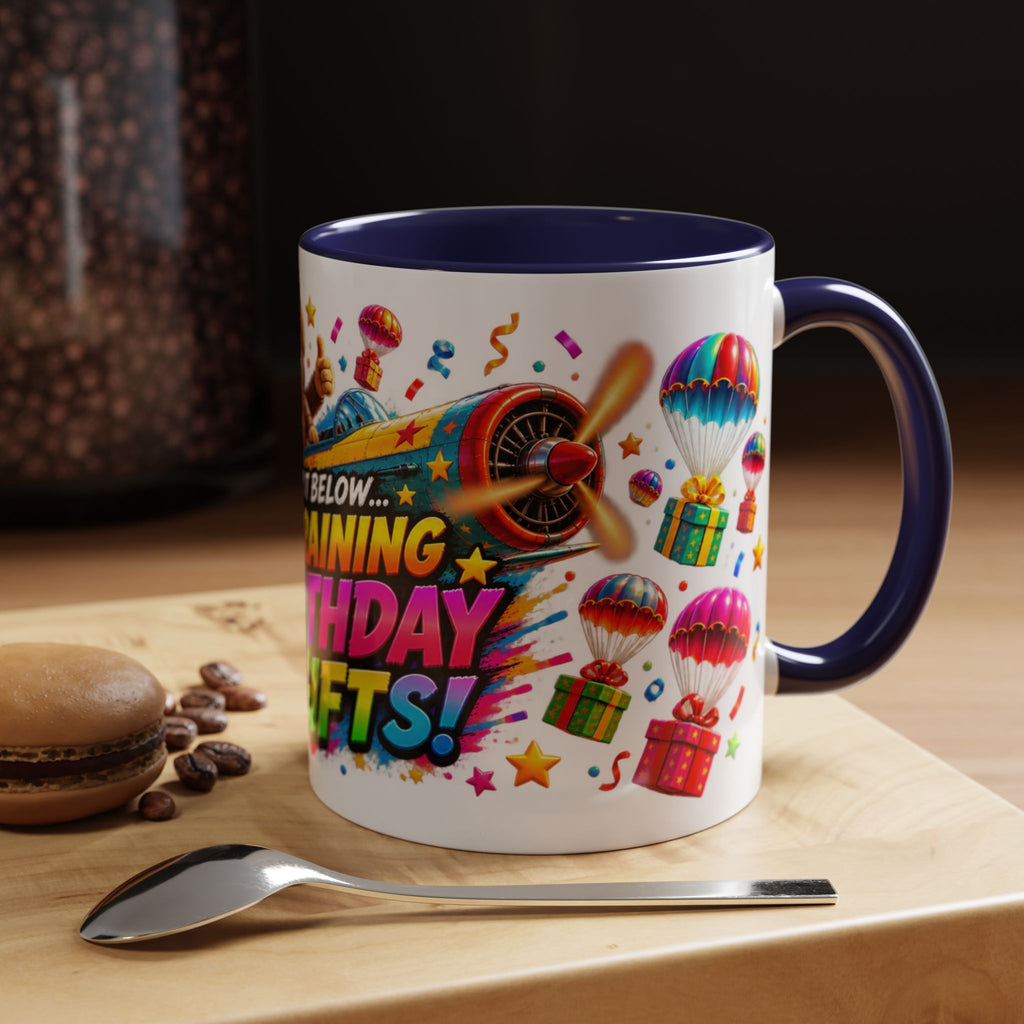 Birthday Gifts Coffee Mug — "It's Raining Birthday Gifts!" Colorful Accent Mug