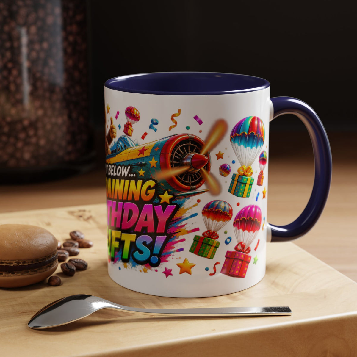 Birthday Gifts Coffee Mug — "It's Raining Birthday Gifts!" Colorful Accent Mug