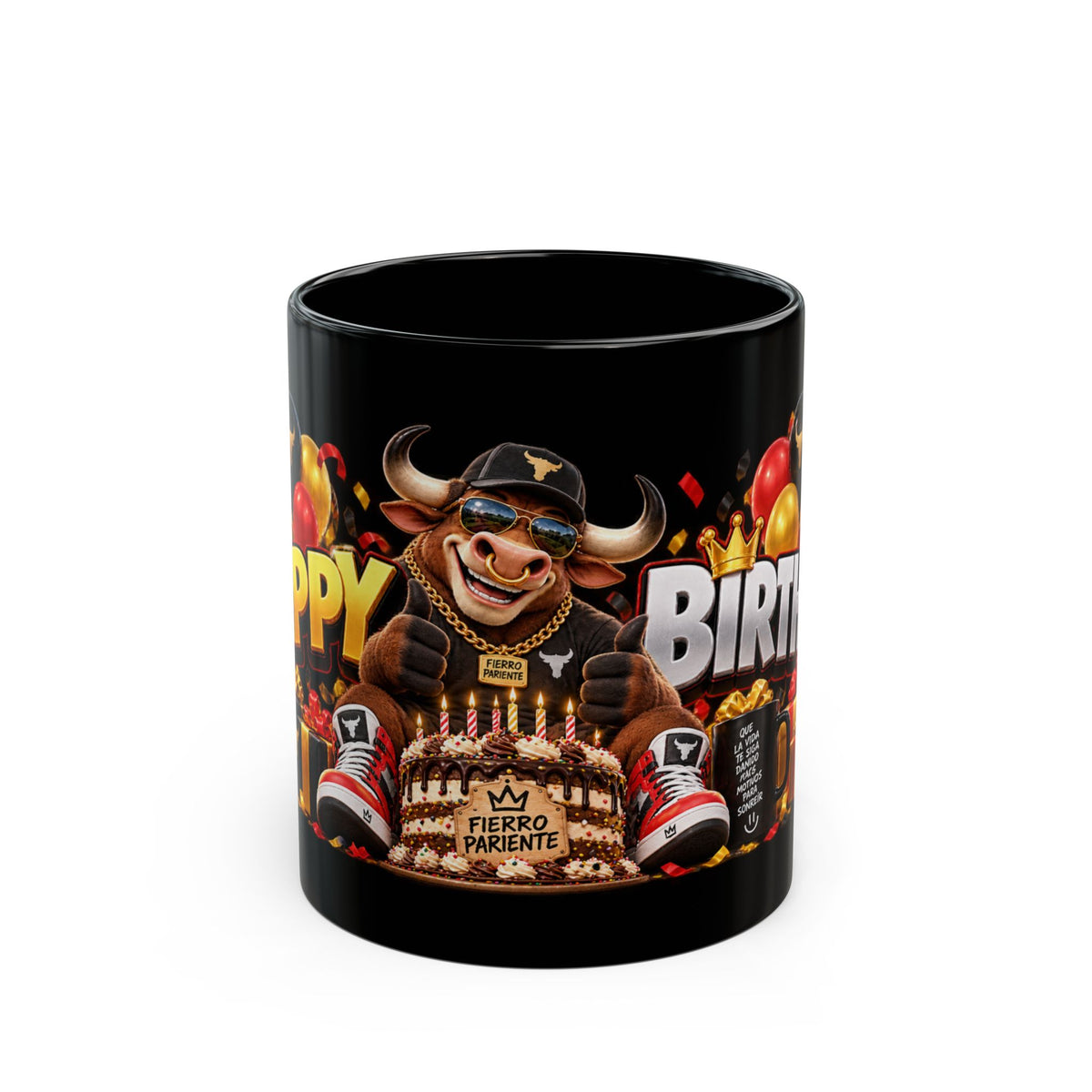 Happy Birthday Bull Mug – Bold 3D Birthday Design – Black Coffee Mug